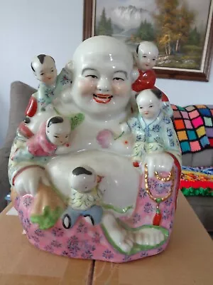 Vintage Chinese Porcelain Laughing Buddha With Five Children Statue Figurine 10  • £85.51