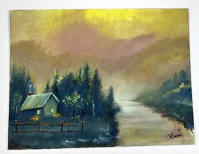Vtg Folk Art Oil On Canvas Board Rural Cabin By Waters Edge Fishing Scene 9x12” • $30.80