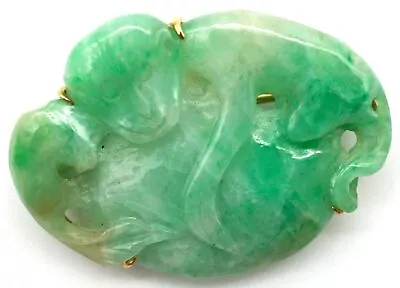 Vintage Green Jade Brooch Sculpted Monkey Figure In 14K Yellow Gold • $305.59