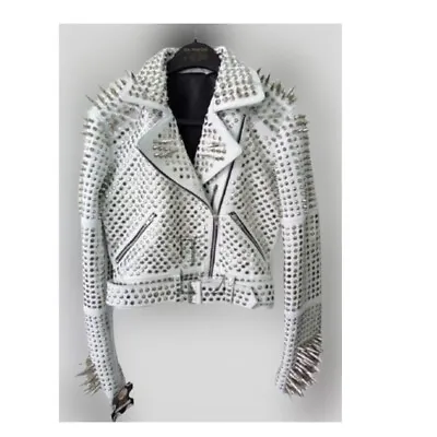 Handmade Men's White Leather Rock Punk Style Studded Spiked Biker Jacket • $249.99