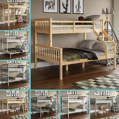 £129.95 • Buy Bunk Bed Triple Sleeper Loft Cabin Bed Solid Wood Frame Kids Ladder Desk Pine