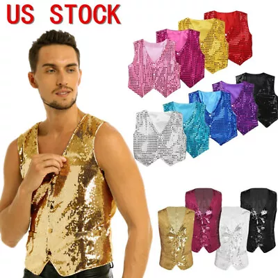 US Mens Boys Sparkly Sequin Vest Top Gentleman Waistcoat Dance ShowPerformance • $18.75