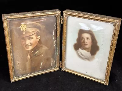 Vintage Photograph Of Couple In Dual Photo Frame Man In A US Military Uniform • $1