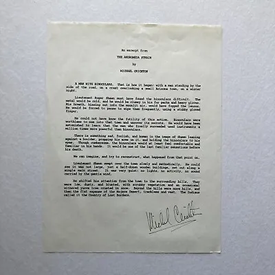 Michael Crichton Autograph Signed Andromeda Strain Typescript Page 8.5 X 11 • $99.99