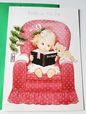 Vintage Christmas Card Ruthie's Joy Morehead Cute Girl With Bible Kitten By Tree • $1.95