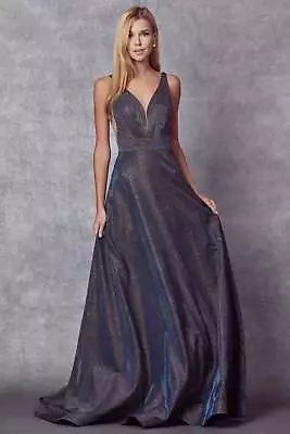 Formal Long A-line Silky Glitter Crepe Dress W/ Zipper Back & Long V-neck • $113