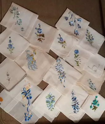 LOT Of 17 VINTAGE HANDKERCHIEFS White Shiny Rayon Embroidery 1 Label Blue Aqua • $34.95