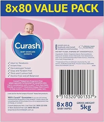 Curash Fragrance Free Baby Wipes 640 Wipes (8 X 80 Pack) • $26