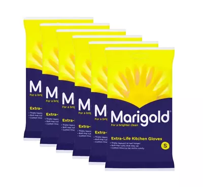 Marigold Extra Life Yellow Cotton Lined Anti Slip Rubber Gloves Small Pack Of 6 • £14.95