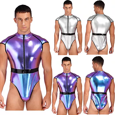 Mens Metallic Patent Leather Astronaut Role Play Costume Zipper Bodysuit Leotard • £7.80