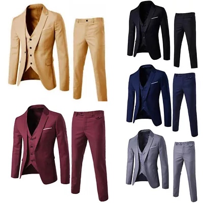 Men Slim Business Formal 3-Piece Suit One Button Jacket Pants Set Solid Workwear • $43.57