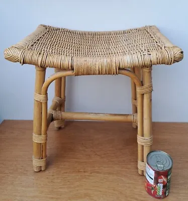 £35 • Buy Vintage Retro Boho 70s Bamboo Cane Wooden Woven Cane Seat Dressing Table Stool