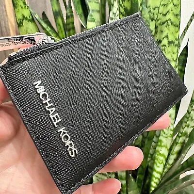Michael Kors Jet Set Travel MD Top Zip Card Case Coin Pouch Leather Wallet Black • $43