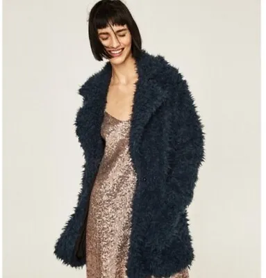 $30 • Buy Zara Basic Outwear Faux Fur Single Button Coat Blue Ink