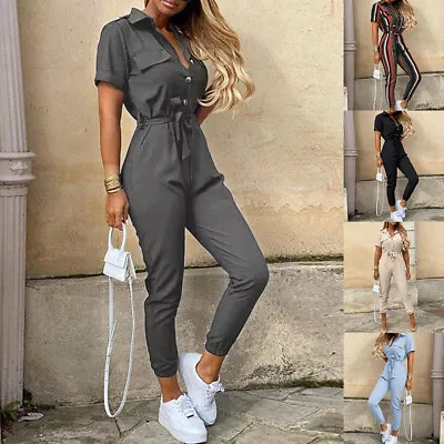 Women's Button V Neck Jumpsuit Summer Trouser One Piece Playsuit Romper Pants UK • £14.89