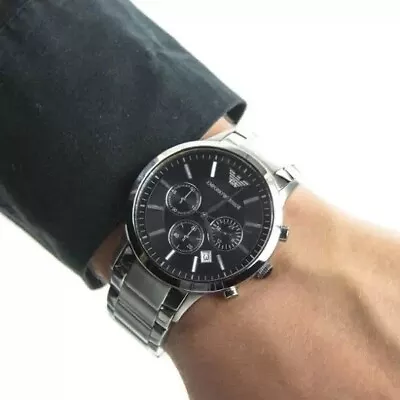 New Genuine Emporio Armani Ar2434 Mens Watch Stainless Steel Black Dial & Silver • £74.99