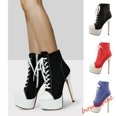 $67.45 • Buy Lady Canvas Sneaker High Heel Lace Up Patchwork Platform Party Ankle Boots Shoes