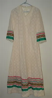 Vtg 70’s Handmade Women's Size S/M Maxi Hippie Long Lace Dress Beige Green Red • $32.47