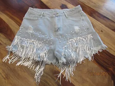 Wyeysyt Womens Denim Shorts Sz 8/10 Destructed Rhinestones Pearls Sequins Bling • $13