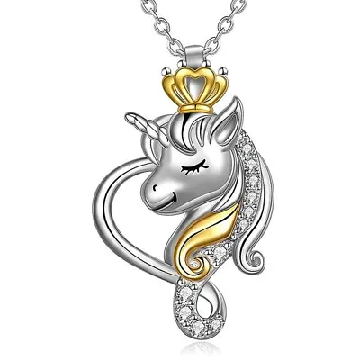 Silver Unicorn Princess Crown Necklace Gold Crystal Pendant Chain Girls Gift • £3.99