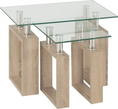 Oak Effect & Glass Nest Of Tables W60cm X D40cm X H45cm MILLY • £129