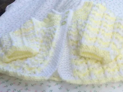 Hand Knitted Baby Matinee Jacket Lemon/white • £6.75