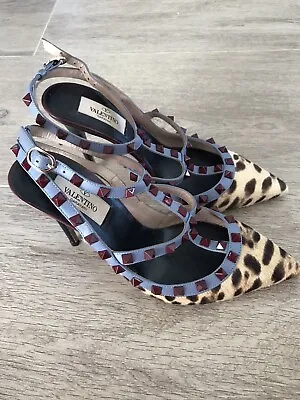 Valentino Leopard/Black Rock Stud Strappy Pony Hair Heels/Shoes SZ 8.5 • $560