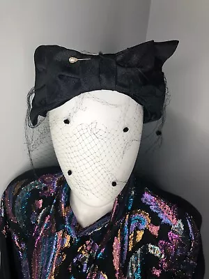 Vintage Women Black Bow Headband Head Piece Netting Net Mesh Veil Union Made Hat • $32