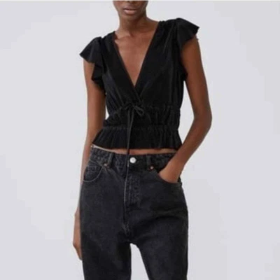 $25 • Buy Zara Black Velvet V Neck Flutter Sleeve Cropped Blouse