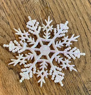 (17) Vtg Snowflake Christmas Ornaments Sugared White Plastic Glitter Irridescent • $14.50