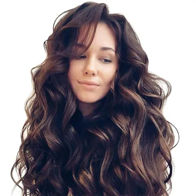 Women Ladies Brown Long Big Wavy Curly Layered Hair Wigs Synthetic Full Hair Wig • £16.09