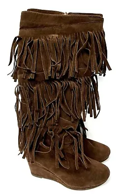 Madden Girl Fringe Tall Boots Womens 9.5 M Wedge 4  Heels Knee High Brown Suede • $8.88
