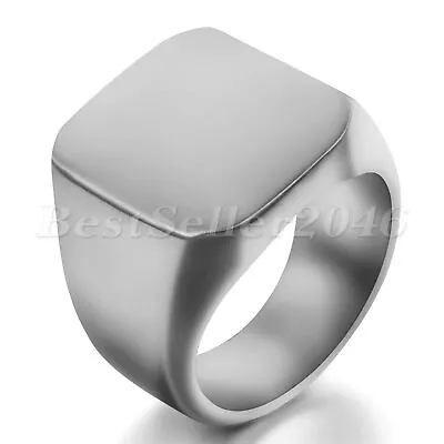 Polished Stainless Steel Square Signet Ring Men Women Wedding Band Size 6-16 • $10.99