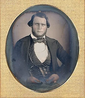 Light Eyed Bearded Man Longer Hair Plaid Waistcoat 1/6 Plate Daguerreotype S791 • $135