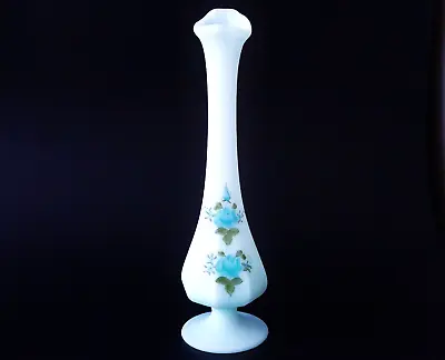 Vintage Fenton Hand Painted Blue Custard Glass Swung Stem Vase W Label  28cms • $39