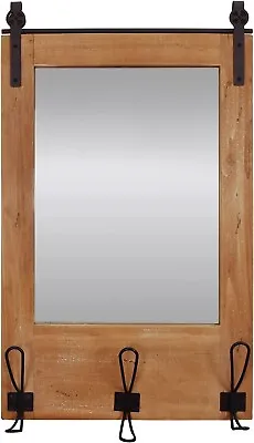 Wood Wall Mirror With Hooks Rustic Wooden Frame Hanging Wall Mirror For Anyroom • $119.99