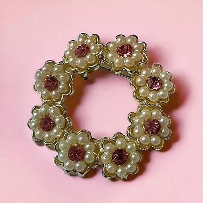 Vintage Brooch Pin Circle Wreath Faux Pearls And Pink Rhinestones 1960s • $12.99