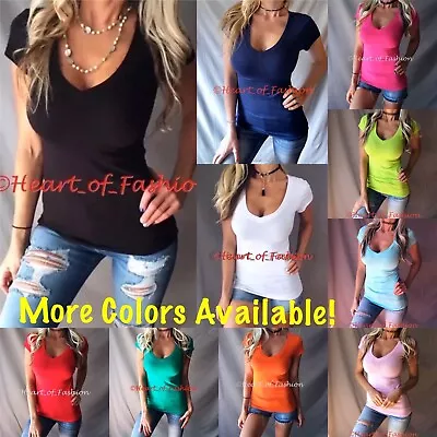 $9.98 • Buy Women's Basic Low Cut Deep V-Neck Stretch Short Sleeve Slimming Top Shirt Tee