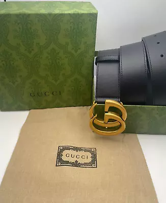 Gucci Black Leather Belt Gold Brass Double GG Buckle 95CM 32-34 Inch • $265