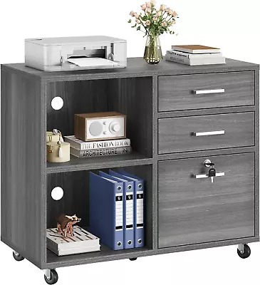 Wood File Cabinet 3 Drawer Mobile Lateral Filing Cabinet Storage Cabinet Print • $110.99