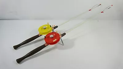 2 Vintage 27.5  Schooley Ice Fishing Poles - Yellow & Red Reels • $28.95