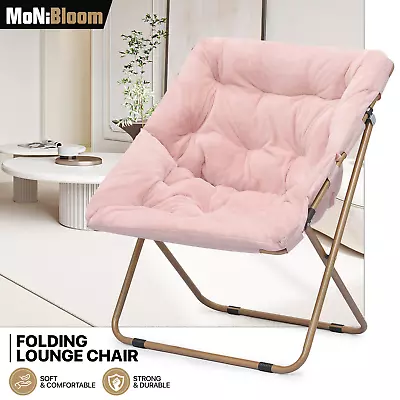 Pink 27.5  Foldable Soft Faux Fur Saucer Chair Home Metal Frame Cozy Moon Chair • $66.99