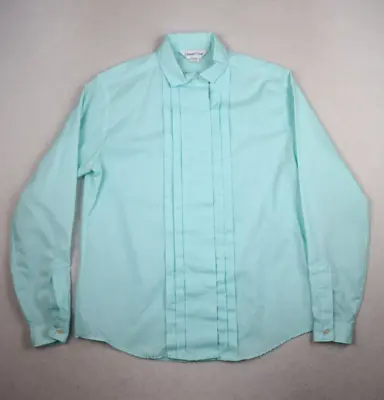 Vintage Women's Light Blue Pleated Tuxedo Style Button-up Blouse - Size 10 • $8.24