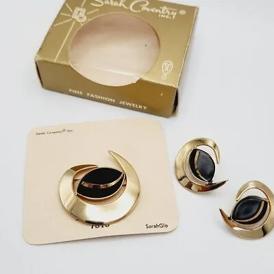 Vintage Sarah Coventry Black Saturn Enamel Modernist Clip On Earring Brooch Set • $23