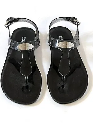 Women Michael Kors MK Plate Jelly Flat Buckle Up Sandals PVC Black Transparent • $49.99