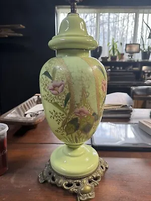 Antique Asian Themed Hand Painted Opaline Green Glass Table Lamp • $100