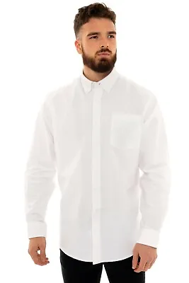 Mens Long Sleeve Oxford Plain White Shirts Formal Classic Cotton Business Shirt • £13.95