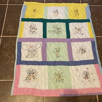 Vintage Baby Blanket Mickey Mouse Embroidered & Homemade Quilt Patchwork Unisex • $28.49