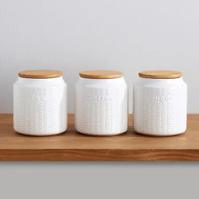 £22.99 • Buy White Tea Coffee Sugar Ceramic Canister Embossed Patterned Storage Jars Set Of 3