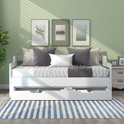 White Wooden Bed Frame Day Bed With Trundle And Large Storage Drawer Guest Bed • £314.99
